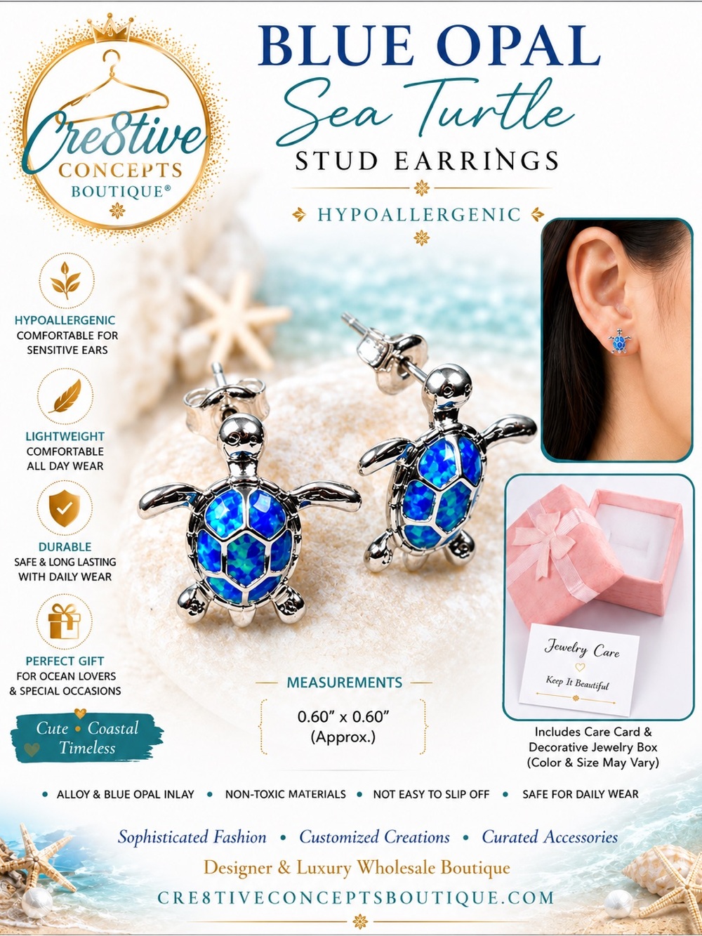 Blue Opal Sea Turtle Stud Earrings | Hypoallergenic Silver